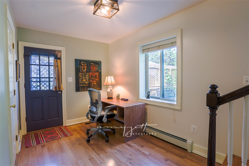 Home office or study with lantern light and garden door